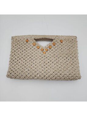 MCI Vintage Macrame Ivory Purse W/Wood Handles Hinge Closure Boho 70s Style 11x7